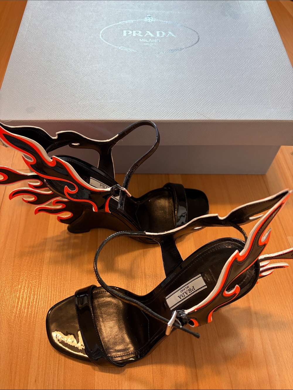Prada Black Patent Leather Sandals with Red and White Flame Accents